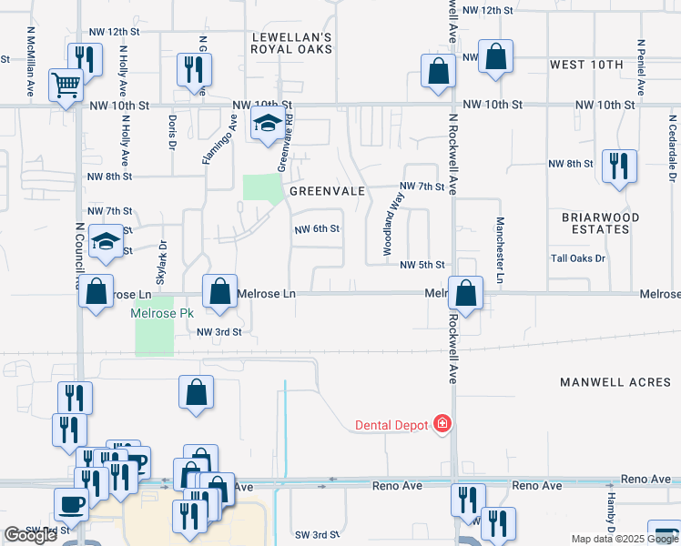map of restaurants, bars, coffee shops, grocery stores, and more near 7413 Melrose Lane in Oklahoma City
