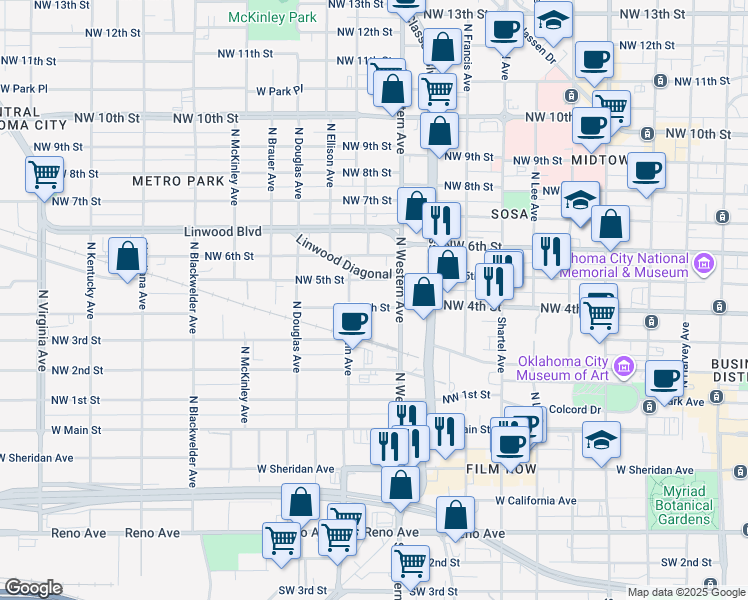 map of restaurants, bars, coffee shops, grocery stores, and more near 1123 Northwest 4th Street in Oklahoma City