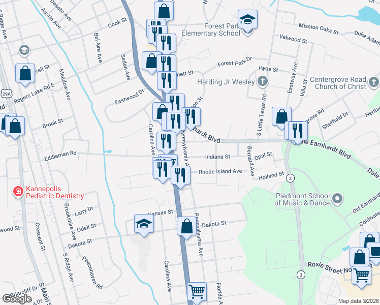 map of restaurants, bars, coffee shops, grocery stores, and more near 908 Indiana Street in Kannapolis