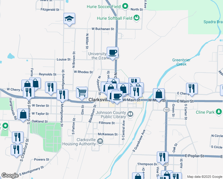 map of restaurants, bars, coffee shops, grocery stores, and more near 116 North College Avenue in Clarksville