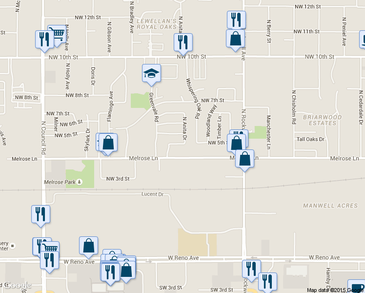 map of restaurants, bars, coffee shops, grocery stores, and more near 7413 Melrose Lane in Oklahoma City