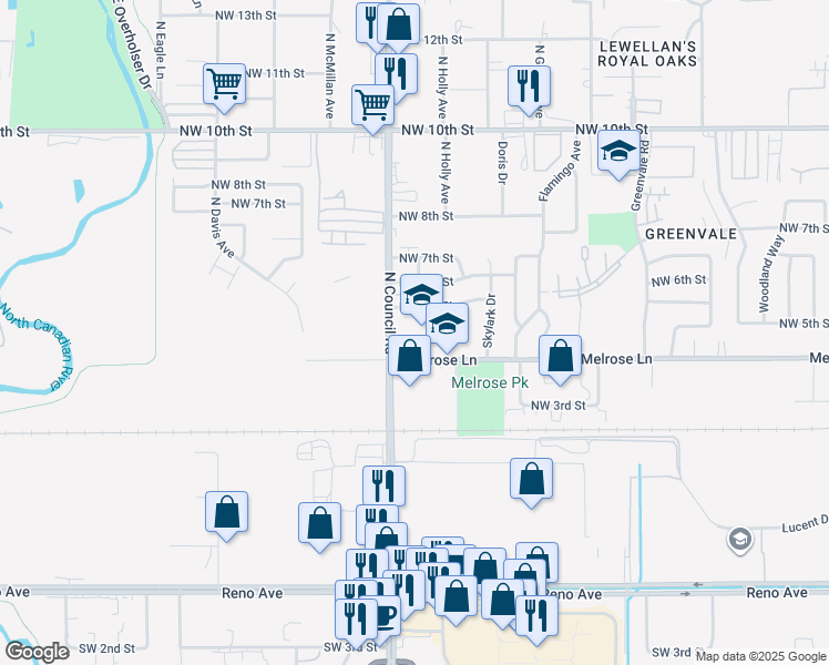 map of restaurants, bars, coffee shops, grocery stores, and more near 500 North Council Road in Oklahoma City