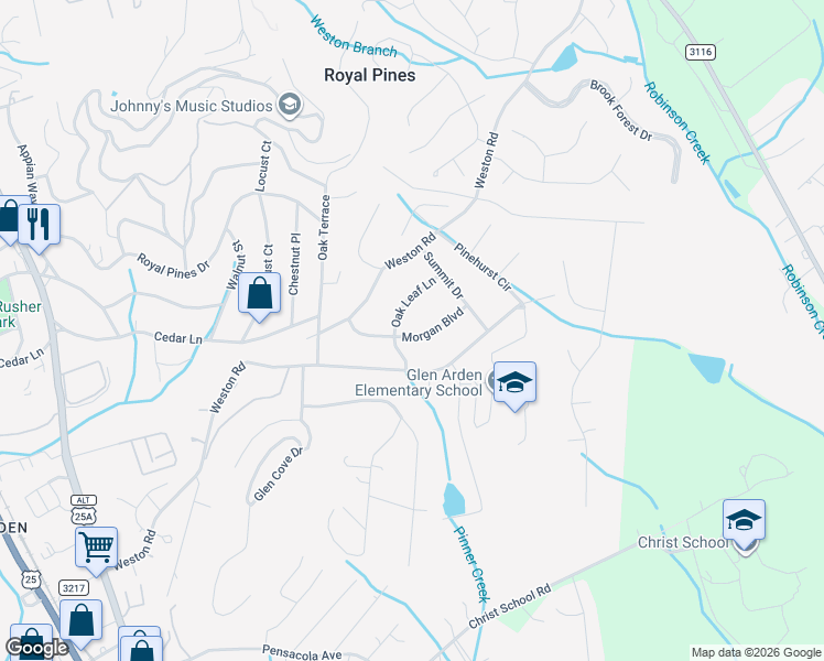 map of restaurants, bars, coffee shops, grocery stores, and more near 14 Morgan Boulevard in Arden
