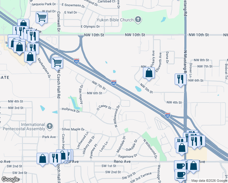 map of restaurants, bars, coffee shops, grocery stores, and more near 11808 Northwest 7th Street in Yukon
