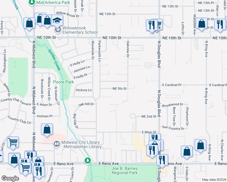 map of restaurants, bars, coffee shops, grocery stores, and more near 8604 Northeast 5th Street in Midwest City