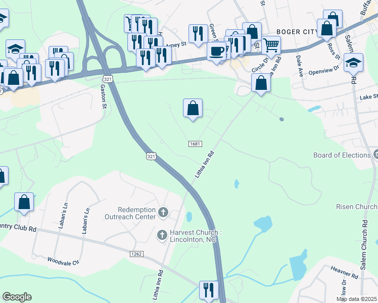map of restaurants, bars, coffee shops, grocery stores, and more near 510 Lithia Inn Road in Lincolnton