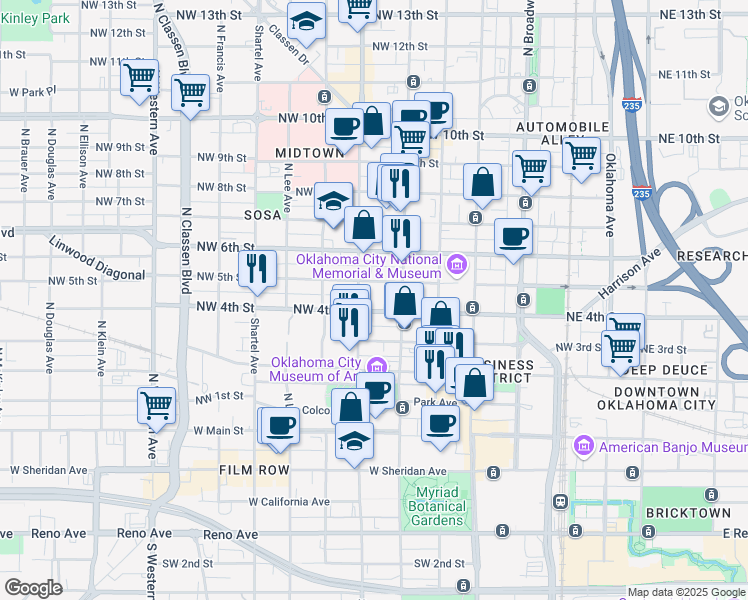 map of restaurants, bars, coffee shops, grocery stores, and more near 472 Northwest 4th Street in Oklahoma City