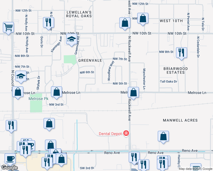 map of restaurants, bars, coffee shops, grocery stores, and more near 7205 Melrose Lane in Oklahoma City