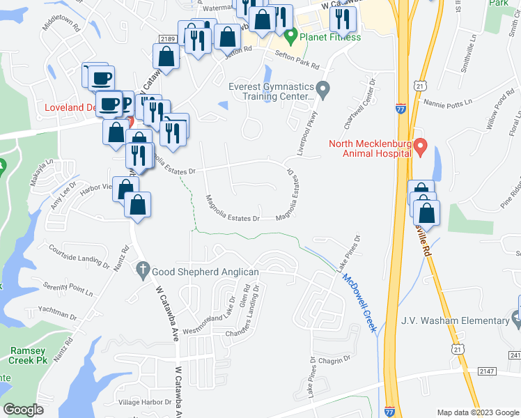 map of restaurants, bars, coffee shops, grocery stores, and more near 19122 Spring Blossom Lane in Cornelius