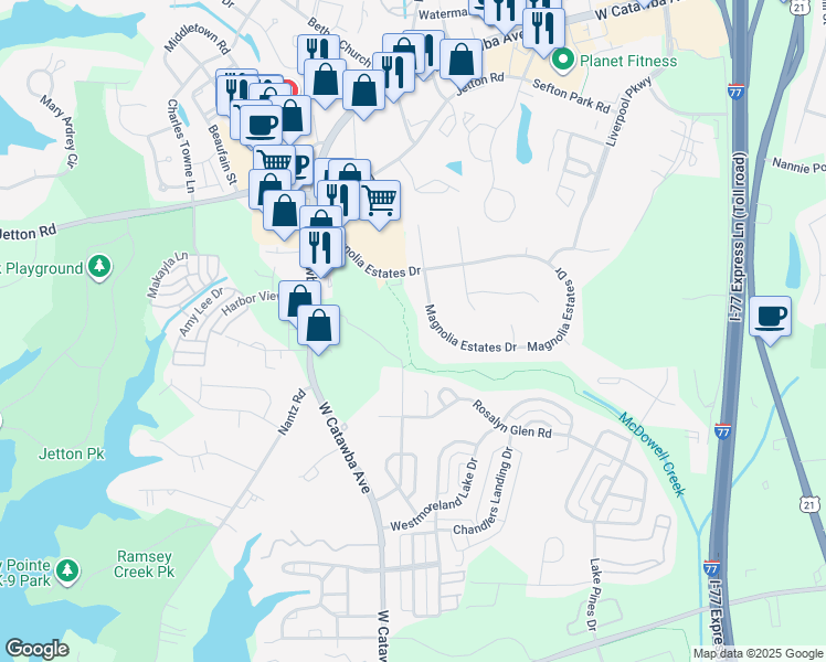 map of restaurants, bars, coffee shops, grocery stores, and more near in Cornelius