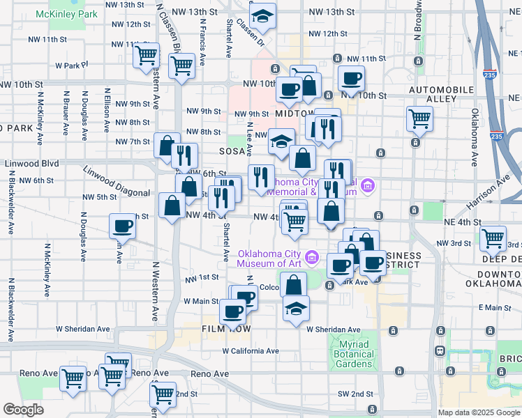 map of restaurants, bars, coffee shops, grocery stores, and more near 641 Northwest 4th Street in Oklahoma City