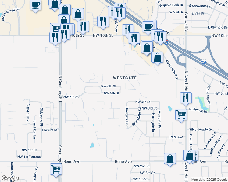 map of restaurants, bars, coffee shops, grocery stores, and more near 12613 Northwest 5th Street in Yukon