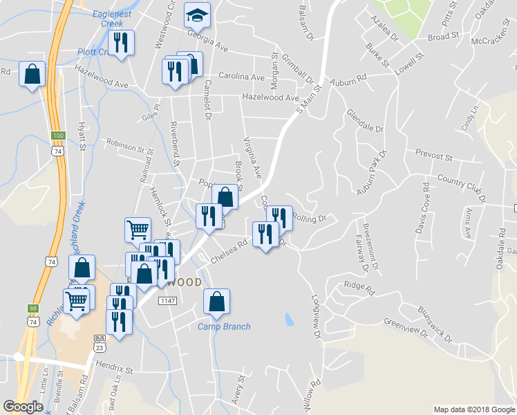 map of restaurants, bars, coffee shops, grocery stores, and more near 14 Bradford Circle in Waynesville