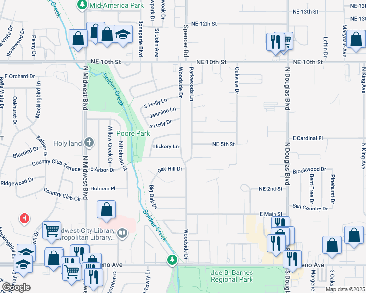 map of restaurants, bars, coffee shops, grocery stores, and more near 3500 Woodside Drive in Midwest City