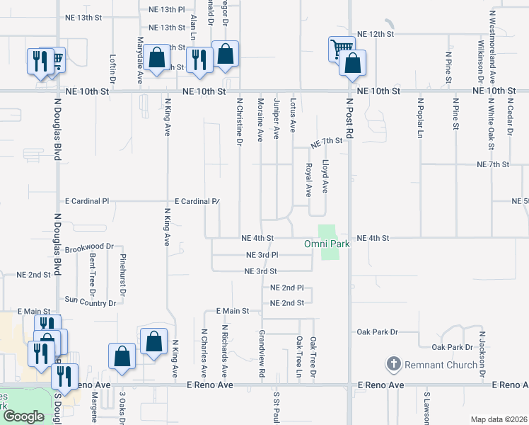 map of restaurants, bars, coffee shops, grocery stores, and more near 513 Moraine Avenue in Midwest City