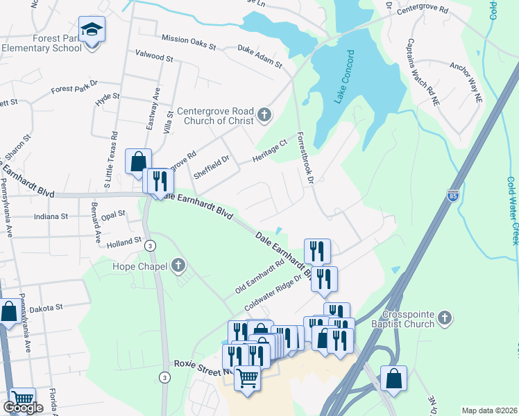 map of restaurants, bars, coffee shops, grocery stores, and more near 2426 Galena Court in Kannapolis