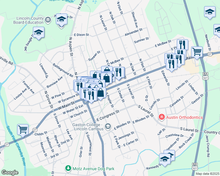 map of restaurants, bars, coffee shops, grocery stores, and more near 329 East Main Street in Lincolnton