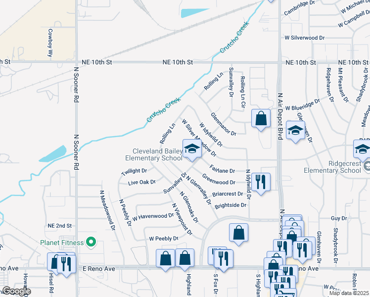 map of restaurants, bars, coffee shops, grocery stores, and more near 3301 Sunvalley Drive in Oklahoma City