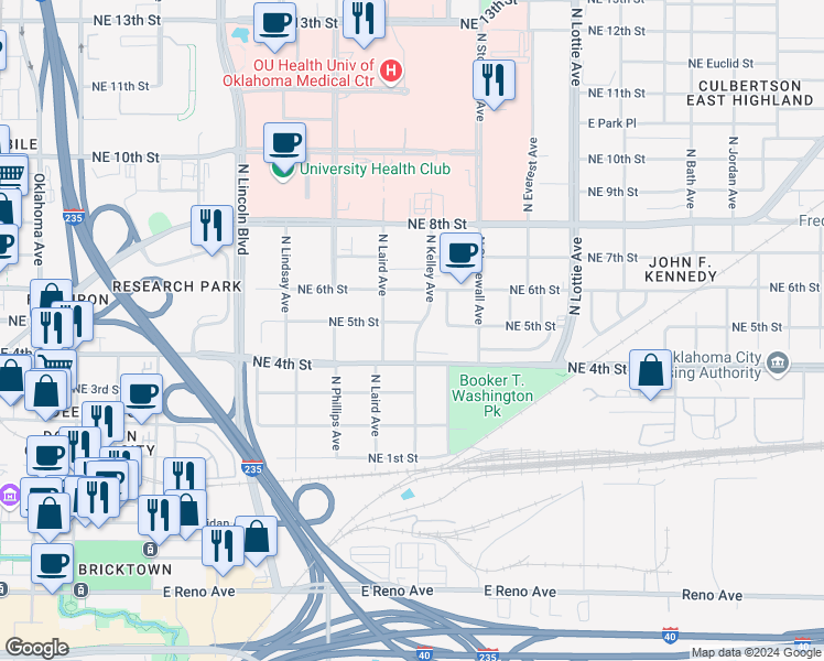map of restaurants, bars, coffee shops, grocery stores, and more near 535 North Kelley Avenue in Oklahoma City
