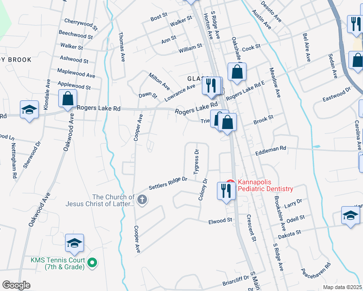 map of restaurants, bars, coffee shops, grocery stores, and more near 1548 Matthew Allen Circle in Kannapolis