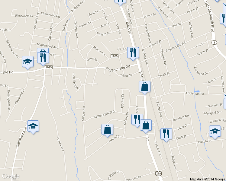 map of restaurants, bars, coffee shops, grocery stores, and more near 1548 Matthew Allen Circle in Kannapolis