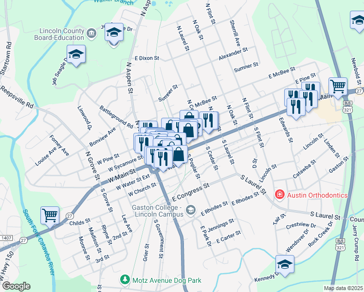 map of restaurants, bars, coffee shops, grocery stores, and more near 201 East Main Street in Lincolnton