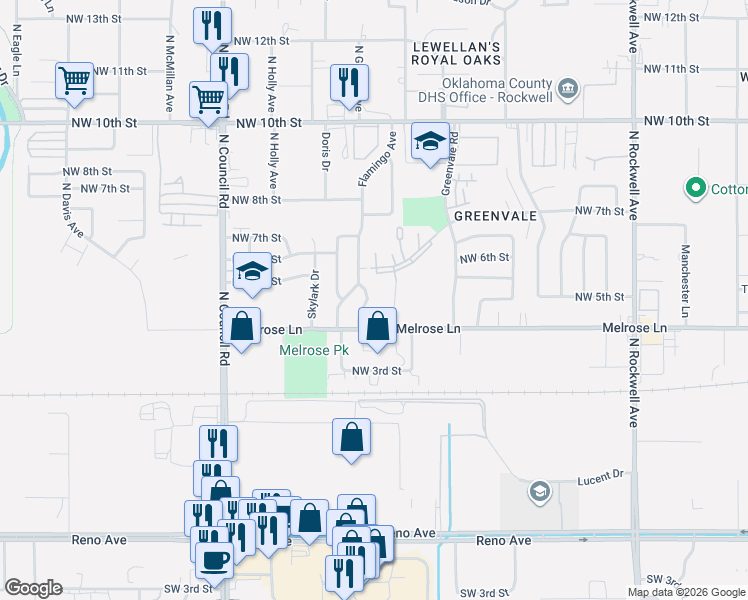map of restaurants, bars, coffee shops, grocery stores, and more near 509 Flamingo Avenue in Oklahoma City