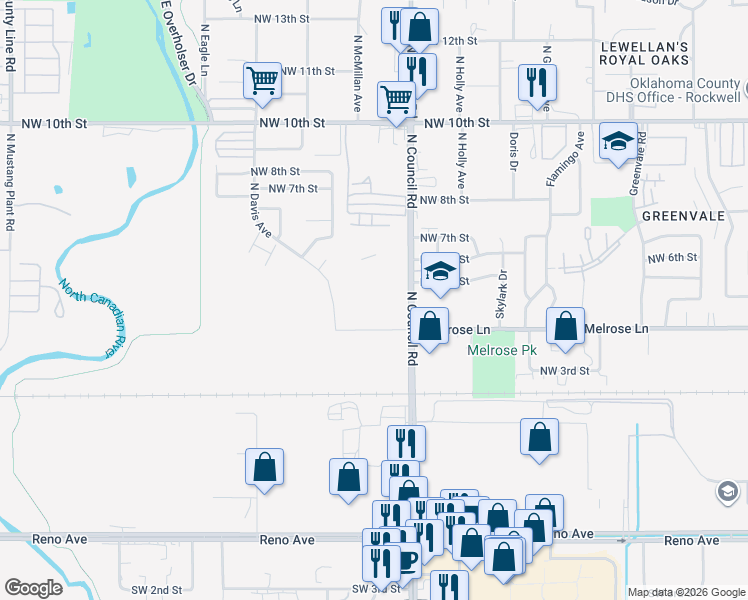 map of restaurants, bars, coffee shops, grocery stores, and more near 501 North Council Road in Oklahoma City