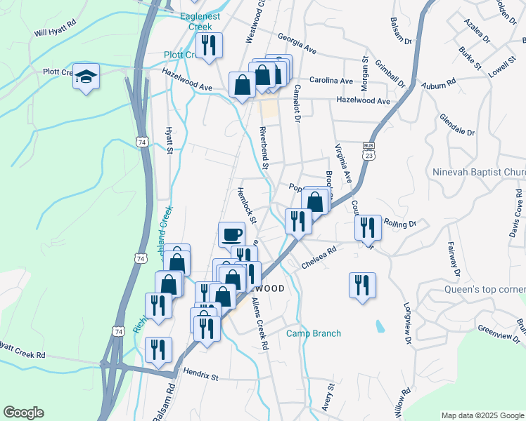 map of restaurants, bars, coffee shops, grocery stores, and more near 154 Hemlock Street in Waynesville