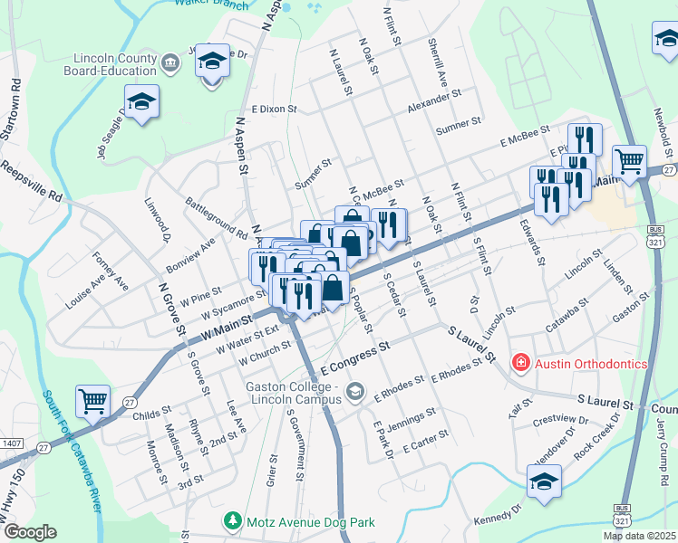 map of restaurants, bars, coffee shops, grocery stores, and more near 201 East Main Street in Lincolnton