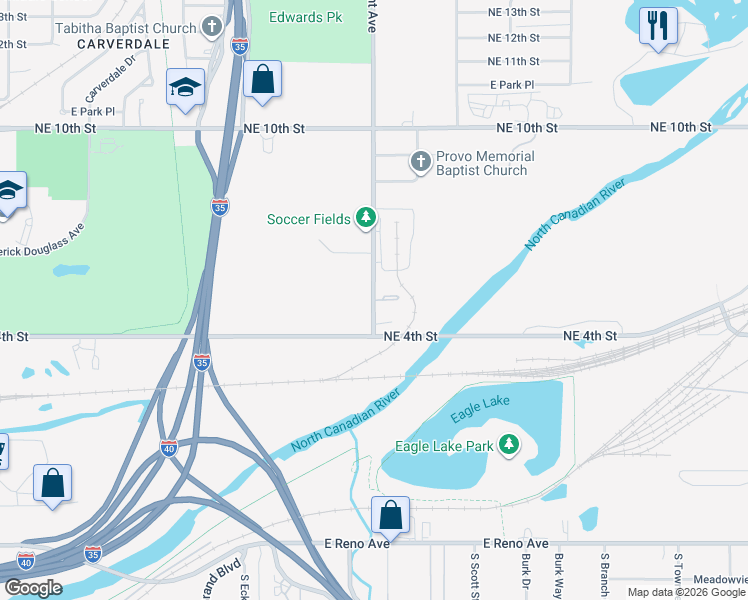 map of restaurants, bars, coffee shops, grocery stores, and more near 173 North Bryant Avenue in Oklahoma City