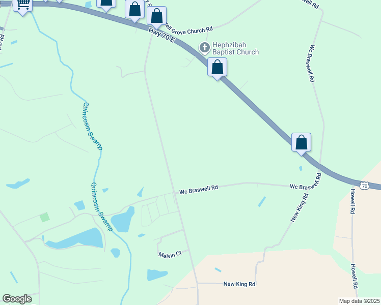 map of restaurants, bars, coffee shops, grocery stores, and more near 532 Braswell Rd in Smithfield