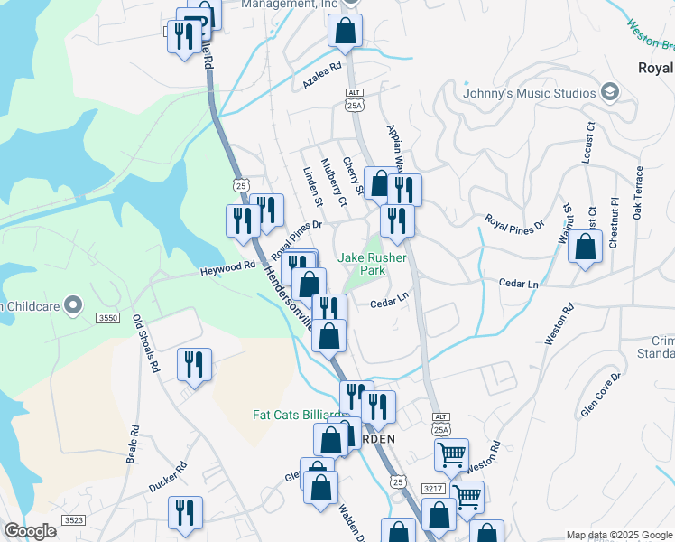 map of restaurants, bars, coffee shops, grocery stores, and more near 103 Sycamore Drive in Arden
