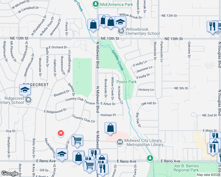 map of restaurants, bars, coffee shops, grocery stores, and more near 3326 Willow Creek Drive in Midwest City
