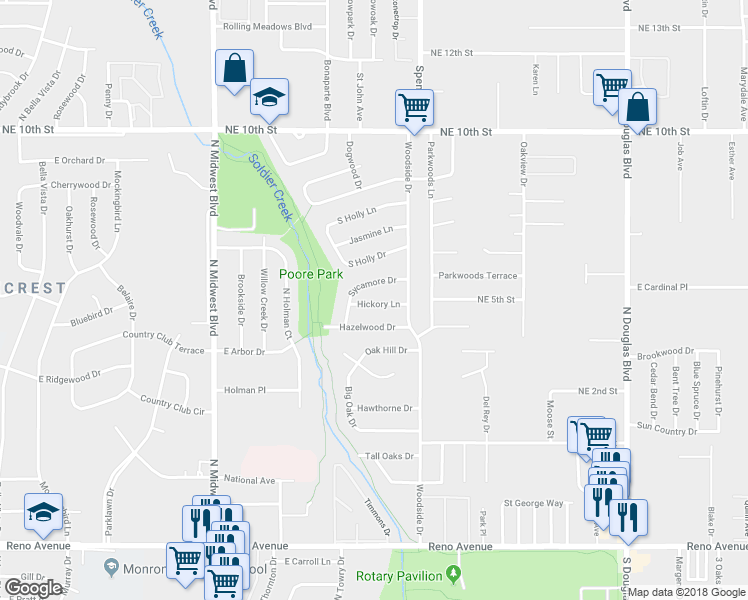 map of restaurants, bars, coffee shops, grocery stores, and more near 1037 Hickory Lane in Midwest City