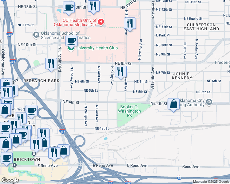 map of restaurants, bars, coffee shops, grocery stores, and more near 630 North Kelley Avenue in Oklahoma City