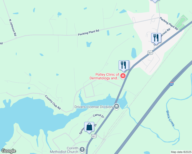 map of restaurants, bars, coffee shops, grocery stores, and more near 198 Lake Park Circle in Smithfield