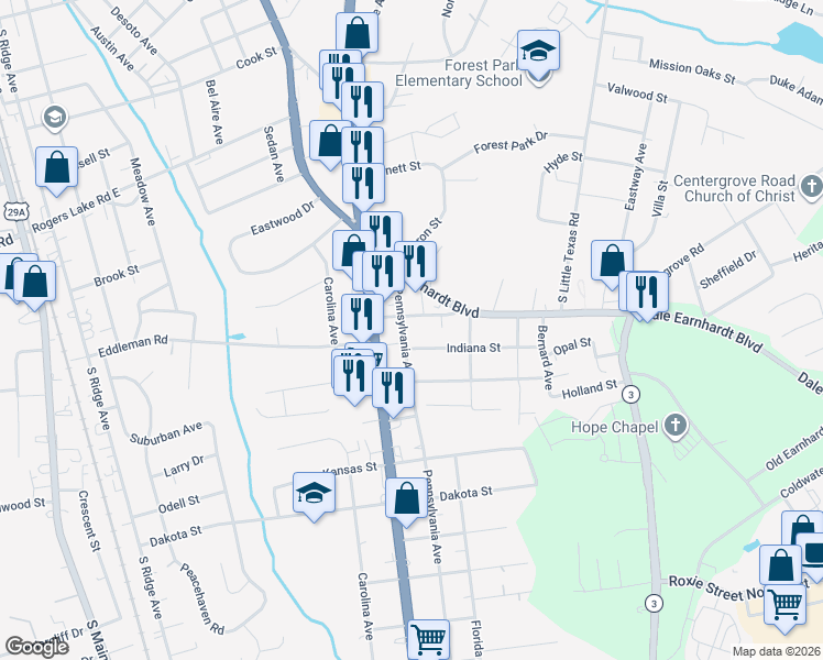 map of restaurants, bars, coffee shops, grocery stores, and more near 908 Indiana Street in Kannapolis
