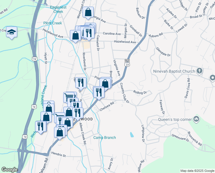 map of restaurants, bars, coffee shops, grocery stores, and more near 35 Lodge Lane in Waynesville
