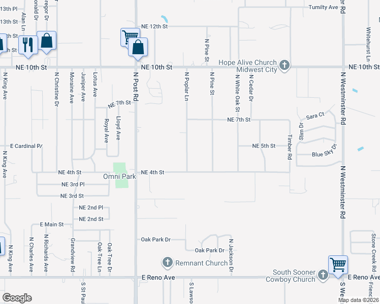 map of restaurants, bars, coffee shops, grocery stores, and more near 508 North Poplar Lane in Midwest City