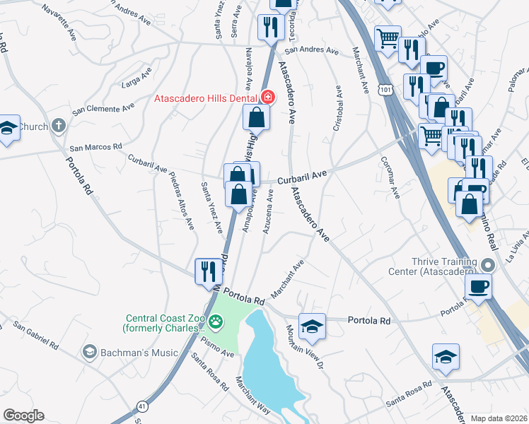 map of restaurants, bars, coffee shops, grocery stores, and more near 8120 Azucena Avenue in Atascadero