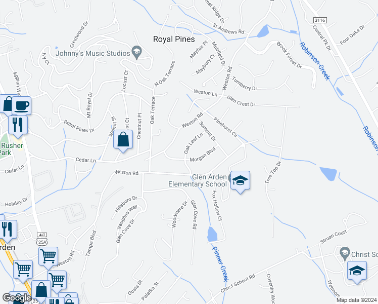 map of restaurants, bars, coffee shops, grocery stores, and more near 9 Oak Leaf Lane in Arden