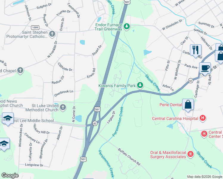 map of restaurants, bars, coffee shops, grocery stores, and more near 200 High Ridge Drive in Sanford