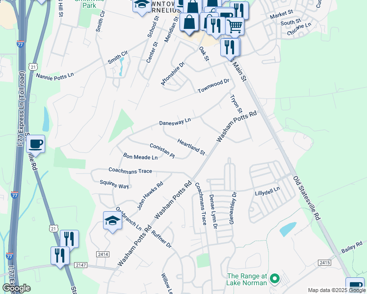 map of restaurants, bars, coffee shops, grocery stores, and more near 19517 Heartland Street in Cornelius