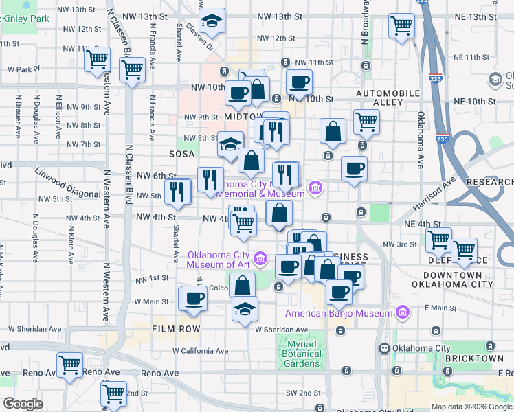 map of restaurants, bars, coffee shops, grocery stores, and more near in Oklahoma City