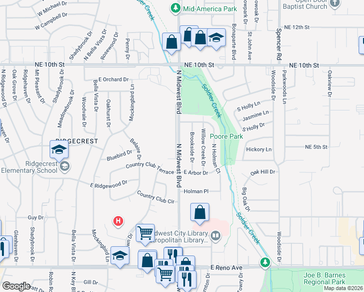 map of restaurants, bars, coffee shops, grocery stores, and more near 701 Leisure Drive in Midwest City