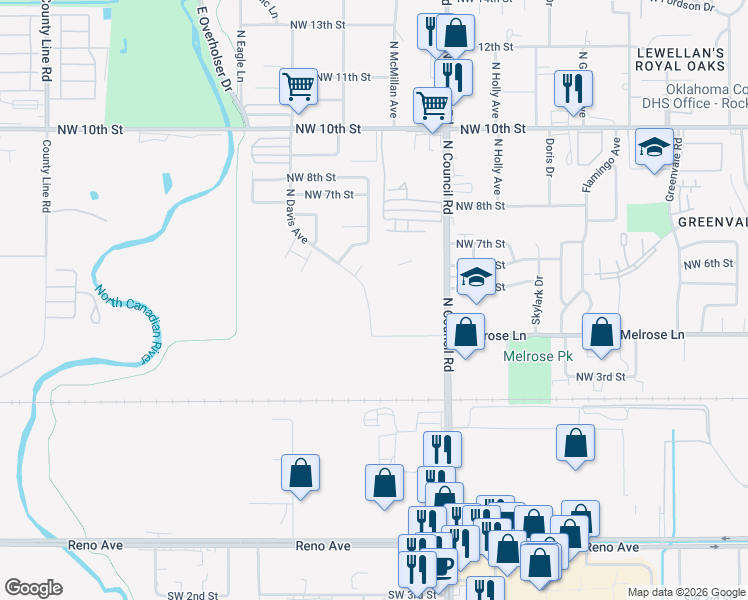 map of restaurants, bars, coffee shops, grocery stores, and more near 516 North Davis Avenue in Oklahoma City