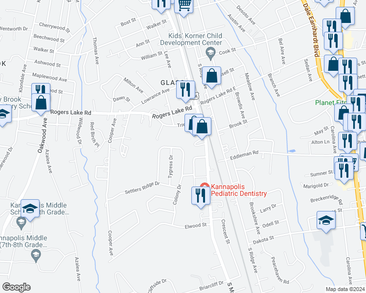 map of restaurants, bars, coffee shops, grocery stores, and more near 1474 Matthew Allen Circle in Kannapolis