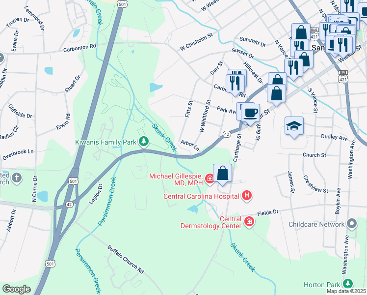map of restaurants, bars, coffee shops, grocery stores, and more near 952 Arbor Lane in Sanford