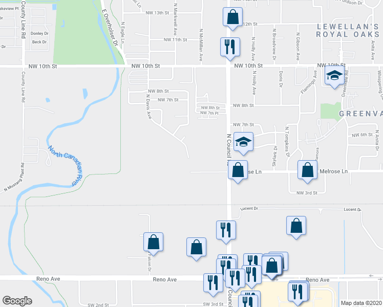map of restaurants, bars, coffee shops, grocery stores, and more near 516 North Davis Avenue in Oklahoma City